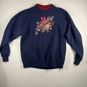 Morning Sun Navy Blue Cardinal Floral Print Sweatshirt Women‎